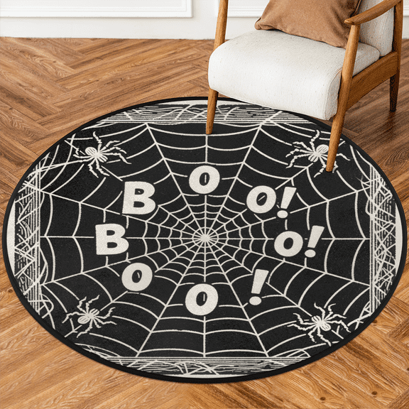 CURLYOOT Round Rug 3ft Halloween Area Rug, Washable Circle Mat Non Slip Floor Carpet Mat, Boo Spiders Web Soft Indoor Rugs for Entryway Living Room Dining Room Bedroom