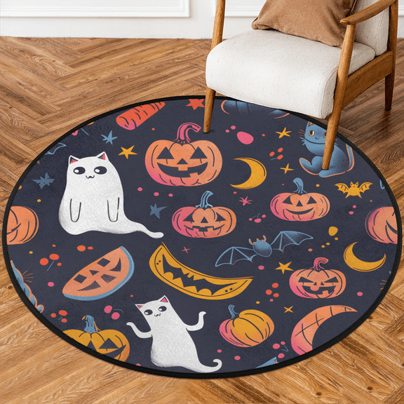 CURLYOOT Round Rug 3ft Halloween Area Rug, Washable Circle Mat Non Slip Floor Carpet Mat, Cute Cat Ghost Soft Indoor Rugs for Entryway Living Room Dining Room Bedroom
