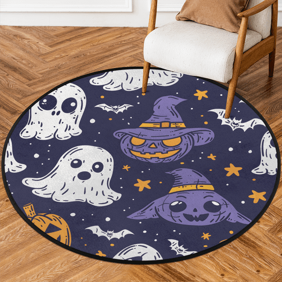 CURLYOOT Round Rug 3ft Halloween Area Rug, Washable Circle Mat Non Slip Floor Carpet Mat, Cute Ghost Pumpkins Soft Indoor Rugs for Entryway Living Room Dining Room Bedroom