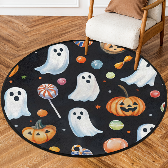 CURLYOOT Round Rug 3ft Halloween Area Rug, Washable Circle Mat Non Slip Floor Carpet Mat, Ghost Candy Soft Indoor Rugs for Entryway Living Room Dining Room Bedroom