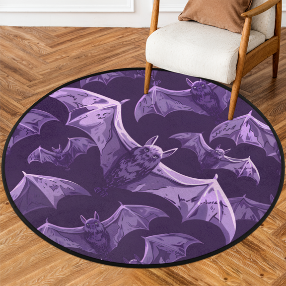 CURLYOOT Round Rug 3ft Halloween Bats Area Rug, Washable Circle Mat Non Slip Floor Carpet Mat, Purple Soft Indoor Rugs for Entryway Living Room Dining Room Bedroom