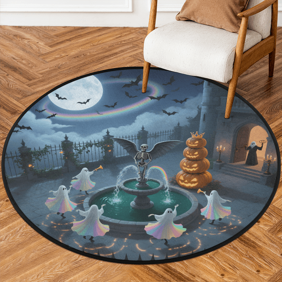 CURLYOOT Round Rug 3ft Halloween Castle Area Rug, Washable Circle Mat Non Slip Floor Carpet Mat, Magic Ghost Soft Indoor Rugs for Entryway Living Room Dining Room Bedroom