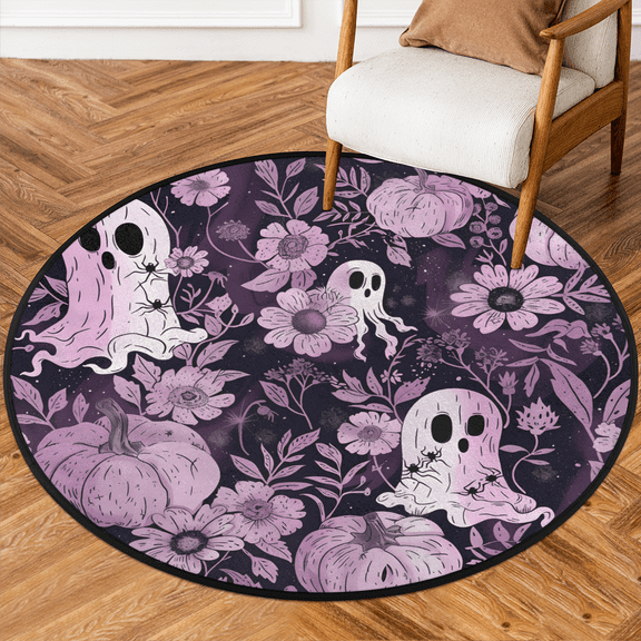CURLYOOT Round Rug 3ft Halloween Ghost Area Rug, Washable Circle Mat Non Slip Floor Carpet Mat, Farmhouse Flower Soft Indoor Rugs for Entryway Living Room Dining Room Bedroom