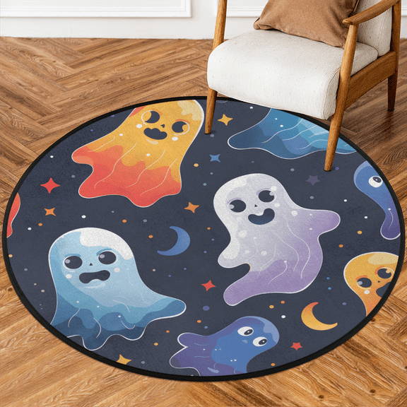 CURLYOOT Round Rug 3ft Halloween Ghost Area Rug, Washable Circle Mat Non Slip Floor Carpet Mat, Galaxy Soft Indoor Rugs for Entryway Living Room Dining Room Bedroom