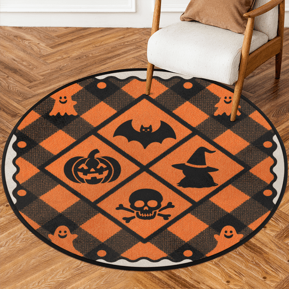 CURLYOOT Round Rug 3ft Halloween Ghost Lattice Area Rug, Washable Circle Mat Non Slip Floor Carpet Mat, Skull Pumpkin Soft Indoor Rugs for Entryway Living Room Dining Room Bedroom
