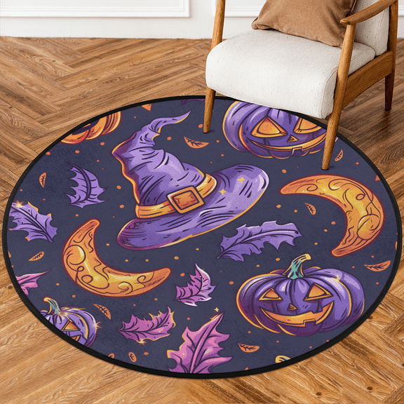 CURLYOOT Round Rug 3ft Halloween Pumpkin Area Rug, Washable Circle Mat Non Slip Floor Carpet Mat, Witch Hat Soft Indoor Rugs for Entryway Living Room Dining Room Bedroom