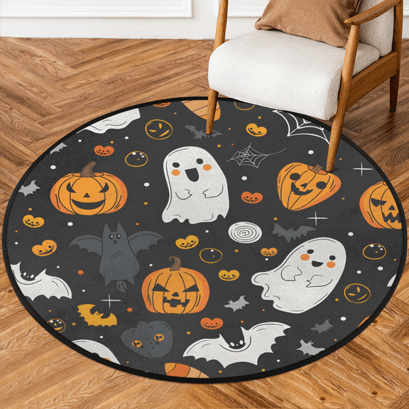 CURLYOOT Round Rug 3ft Halloween Spooky Area Rug, Washable Circle Mat Non Slip Floor Carpet Mat, Ghost Bat Soft Indoor Rugs for Entryway Living Room Dining Room Bedroom