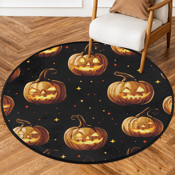 CURLYOOT Round Rug 3ft Halloween Spooky Pumpkin Area Rug, Washable Circle Mat Non Slip Floor Carpet Mat, Black Soft Indoor Rugs for Entryway Living Room Dining Room Bedroom