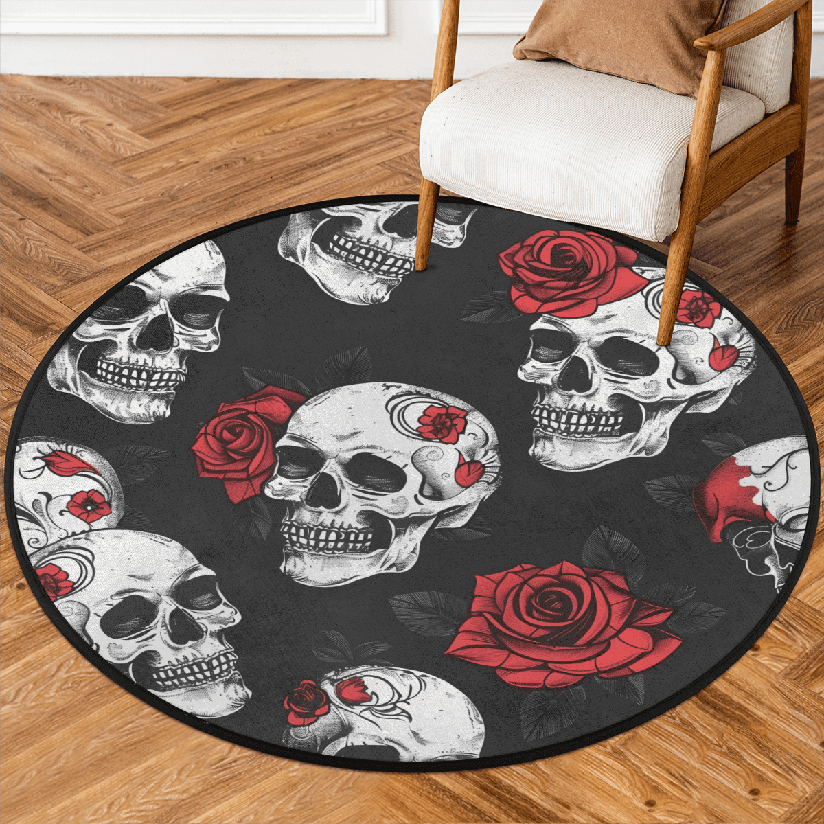 CURLYOOT Round Rug 3ft Halloweenskull Area Rug, Washable Circle Mat Non ...