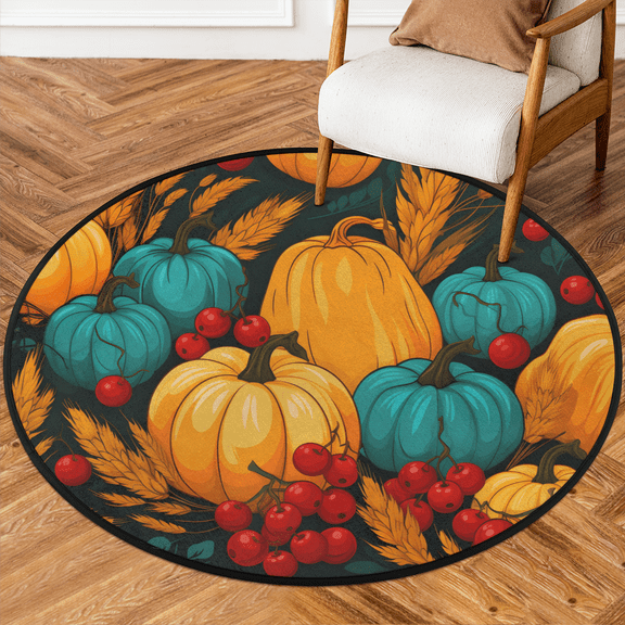CURLYOOT Round Rug 3ft Harvest Autumn Area Rug, Washable Circle Mat Non Slip Floor Carpet Mat, Pumpkins Soft Indoor Rugs for Entryway Living Room Dining Room Bedroom
