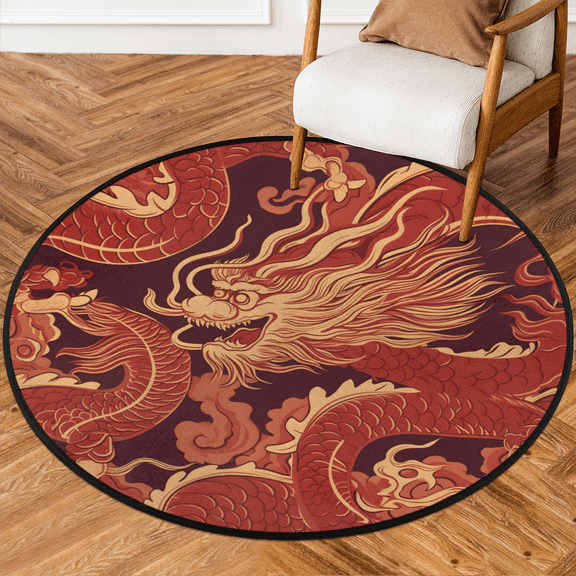 CURLYOOT Round Rug 3ft Japanese Dragon Area Rug, Washable Circle Mat Non Slip Floor Carpet Mat, Soft Indoor Rugs for Entryway Living Room Dining Room Bedroom