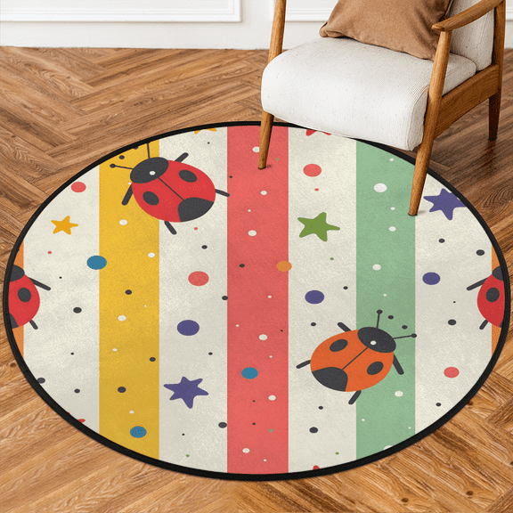 CURLYOOT Round Rug 3ft Ladybugs Area Rug, Washable Circle Mat Non Slip Floor Carpet Mat, Cartoon Stripes Soft Indoor Rugs for Entryway Living Room Dining Room Bedroom