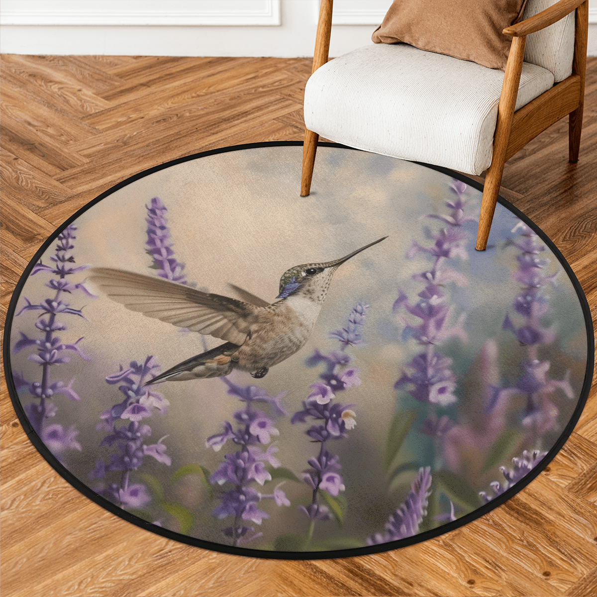Round Hummingbird Rug CURLYOOT Round Rug 3ft Lavender Floral Area Rug, Washable Circle Mat ...