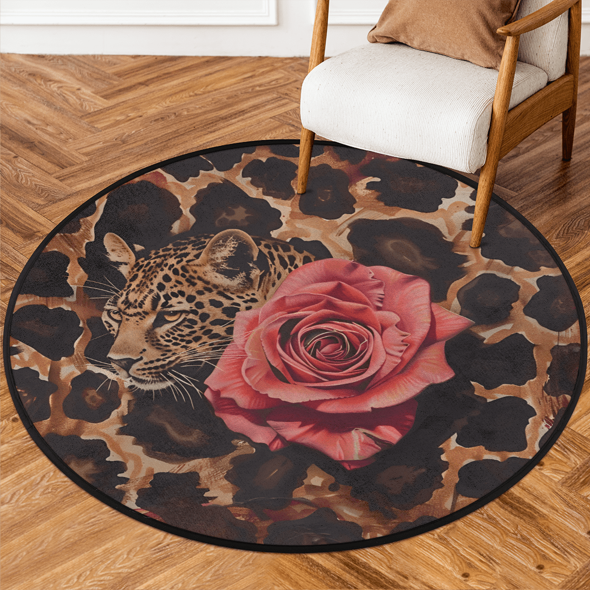 CURLYOOT Round Rug 3ft Leopard Rose Area Rug, Washable Circle Mat Non ...
