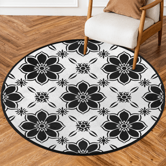 CURLYOOT Round Rug 3ft Mandala Floral Area Rug, Washable Circle Mat Non Slip Floor Carpet Mat, Black White Soft Indoor Rugs for Entryway Living Room Dining Room Bedroom