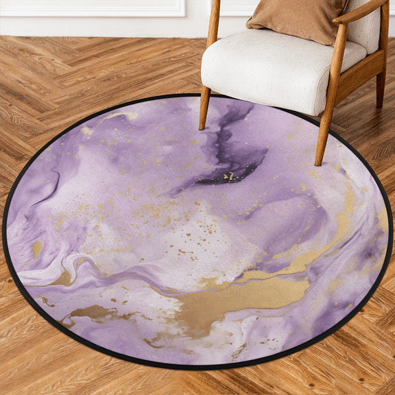CURLYOOT Round Rug 3ft Marble Area Rug, Washable Circle Mat Non Slip Floor Carpet Mat, Purple Gold Soft Indoor Rugs for Entryway Living Room Dining Room Bedroom