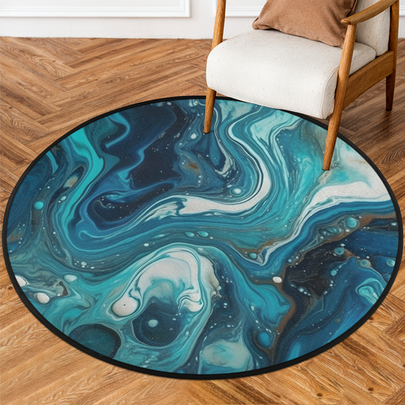 CURLYOOT Round Rug 3ft Marble Area Rug, Washable Circle Mat Non Slip Floor Carpet Mat, Teal Blue Marble Soft Indoor Rugs for Entryway Living Room Dining Room Bedroom