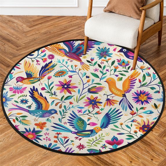 CURLYOOT Round Rug 3ft Mexican Area Rug, Washable Circle Mat Non Slip Floor Carpet Mat, Mexico Floral Bird Soft Indoor Rugs for Entryway Living Room Dining Room Bedroom