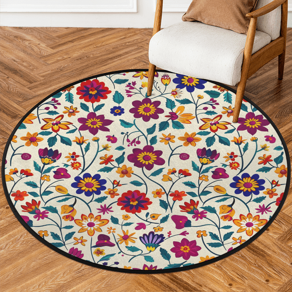 CURLYOOT Round Rug 3ft Mexican Area Rug, Washable Circle Mat Non Slip Floor Carpet Mat, Traditional Flower Soft Indoor Rugs for Entryway Living Room Dining Room Bedroom
