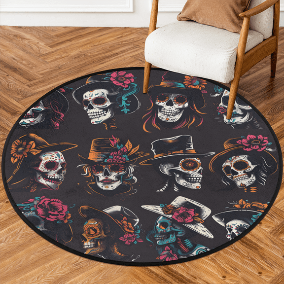 CURLYOOT Round Rug 3ft Mexican Day Of The Dead Area Rug, Washable Circle Mat Non Slip Floor Carpet Mat, Funny Sugar Skull Soft Indoor Rugs for Entryway Living Room Dining Room Bedroom