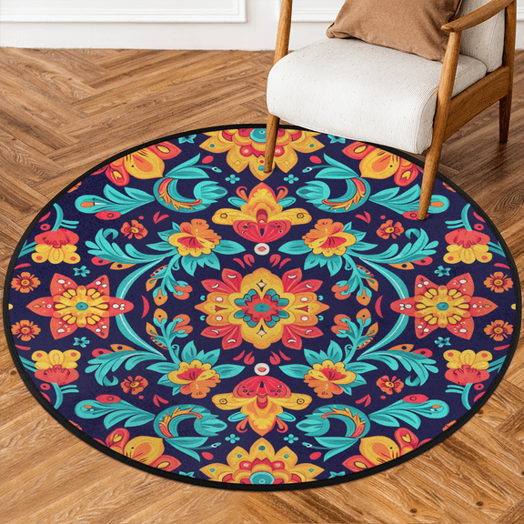 CURLYOOT Round Rug 3ft Mexican Floral Area Rug, Washable Circle Mat Non Slip Floor Carpet Mat, Boho Soft Indoor Rugs for Entryway Living Room Dining Room Bedroom
