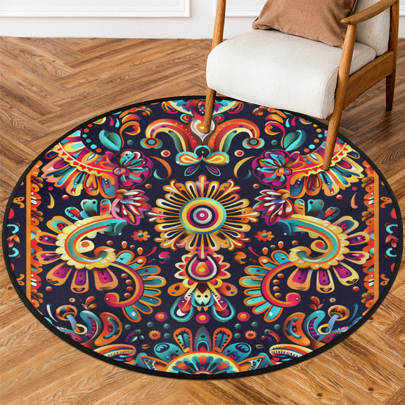 CURLYOOT Round Rug 3ft Mexican Flower Area Rug, Washable Circle Mat Non Slip Floor Carpet Mat, Boho Art Floral Soft Indoor Rugs for Entryway Living Room Dining Room Bedroom