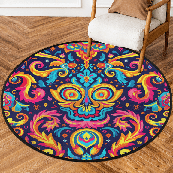 CURLYOOT Round Rug 3ft Mexican Flower Area Rug, Washable Circle Mat Non Slip Floor Carpet Mat, Ethnic Traditional Soft Indoor Rugs for Entryway Living Room Dining Room Bedroom