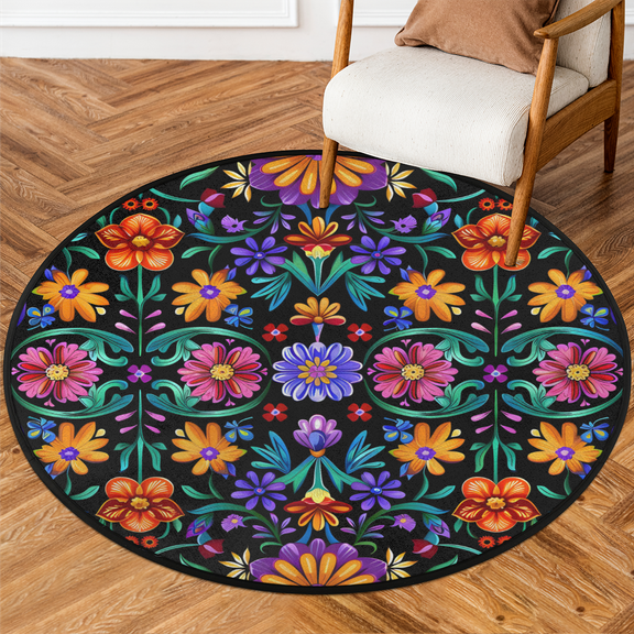 CURLYOOT Round Rug 3ft Mexican Flowers Area Rug, Washable Circle Mat Non Slip Floor Carpet Mat, Soft Indoor Rugs for Entryway Living Room Dining Room Bedroom