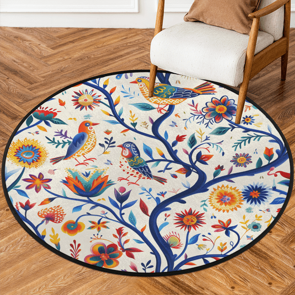 CURLYOOT Round Rug 3ft Mexico Floral Area Rug, Washable Circle Mat Non Slip Floor Carpet Mat, Ethnic Mexican Bird Soft Indoor Rugs for Entryway Living Room Dining Room Bedroom