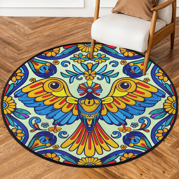 CURLYOOT Round Rug 3ft Mexico Floral Style Area Rug, Washable Circle Mat Non Slip Floor Carpet Mat, Mexican Bird Soft Indoor Rugs for Entryway Living Room Dining Room Bedroom