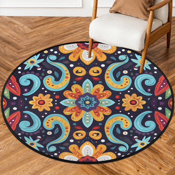 CURLYOOT Round Rug 3ft Mexico Style Area Rug, Washable Circle Mat Non Slip Floor Carpet Mat, Paisley Floral Soft Indoor Rugs for Entryway Living Room Dining Room Bedroom