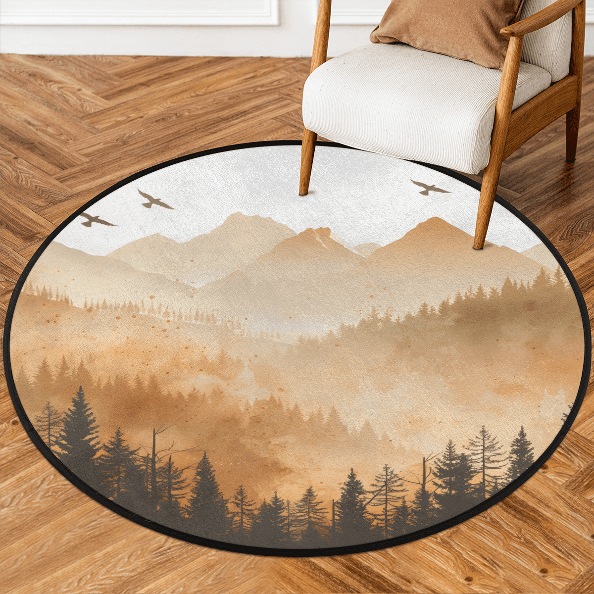 CURLYOOT Round Rug 3ft Misty Forest Mountain Retro Area Rug, Washable ...