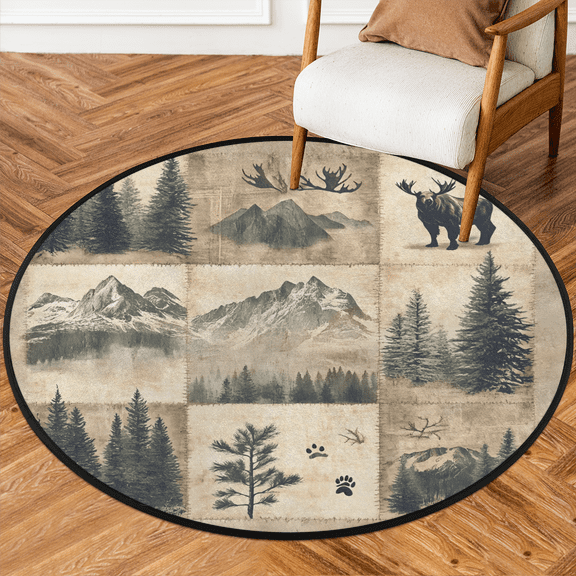 CURLYOOT Round Rug 3ft Moose Forest Woodland Area Rug, Washable Circle Mat Non Slip Floor Carpet Mat, Soft Indoor Rugs for Entryway Living Room Dining Room Bedroom