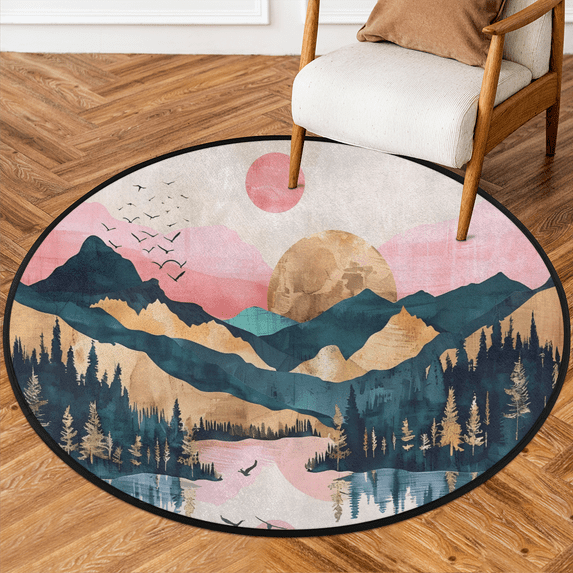 CURLYOOT Round Rug 3ft Mountain Forest Tree with Sun Area Rug, Washable Circle Mat Non Slip Floor Carpet Mat, Soft Indoor Rugs for Entryway Living Room Dining Room Bedroom