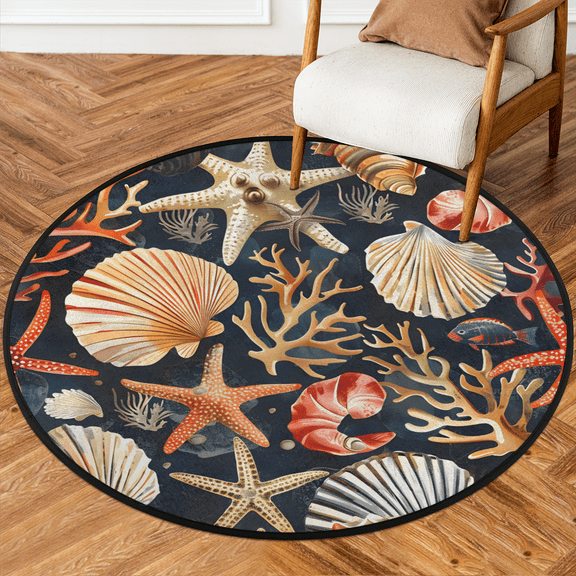 CURLYOOT Round Rug 3ft Nautical Area Rug, Washable Circle Mat Non Slip Floor Carpet Mat, Seashell Starfish Soft Indoor Rugs for Entryway Living Room Dining Room Bedroom