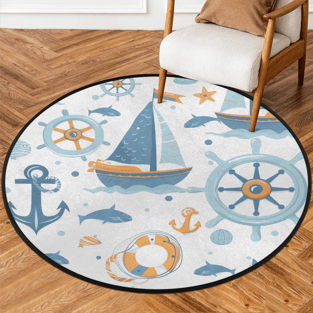 CURLYOOT Round Rug 3ft Nautical Blue Helm Anchors Boat Area Rug ...