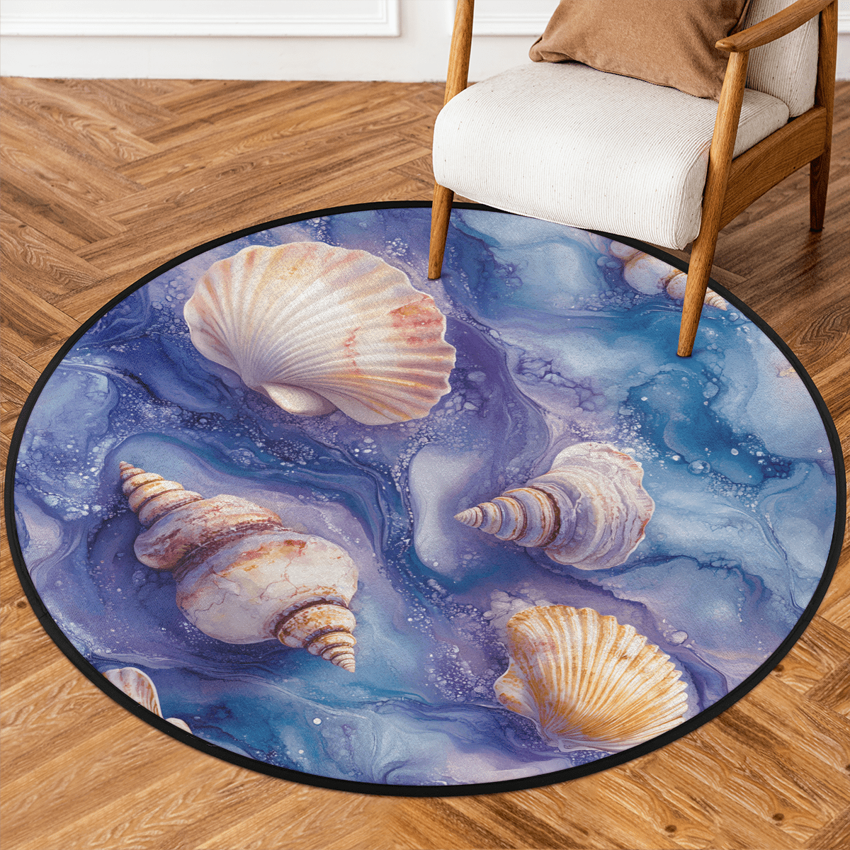 Seashell Area Rug CURLYOOT Round Rug 3ft Nautical Coastal Beach Seashell Area Rug ...