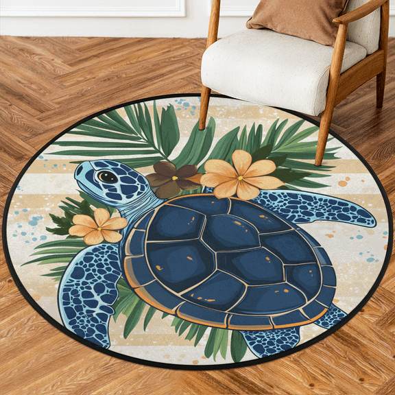 CURLYOOT Round Rug 3ft Nautical Summer Sea Turtle Area Rug, Washable Circle Mat Non Slip Floor Carpet Mat, Soft Indoor Rugs for Entryway Living Room Dining Room Bedroom