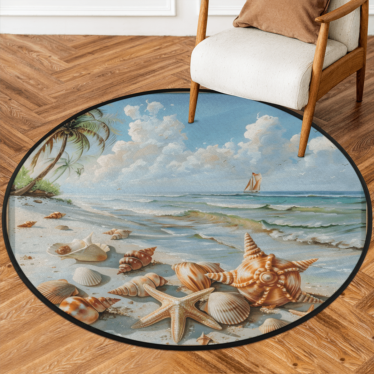 CURLYOOT Round Rug 3ft Ocean Beach Area Rug, Washable Circle Mat Non ...