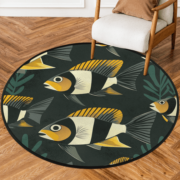 CURLYOOT Round Rug 3ft Ocean Fish Area Rug, Washable Circle Mat Non Slip Floor Carpet Mat, Seaweed Soft Indoor Rugs for Entryway Living Room Dining Room Bedroom