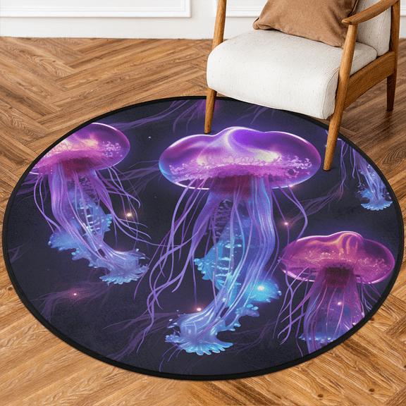CURLYOOT Round Rug 3ft Ocean Jellyfish Area Rug, Washable Circle Mat Non Slip Floor Carpet Mat, Fantasy Jellyfish Soft Indoor Rugs for Entryway Living Room Dining Room Bedroom