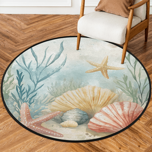 CURLYOOT Round Rug 3ft Ocean Nautical Coastal Starfish Area Rug, Washable Circle Mat Non Slip Floor Carpet Mat, Soft Indoor Rugs for Entryway Living Room Dining Room Bedroom