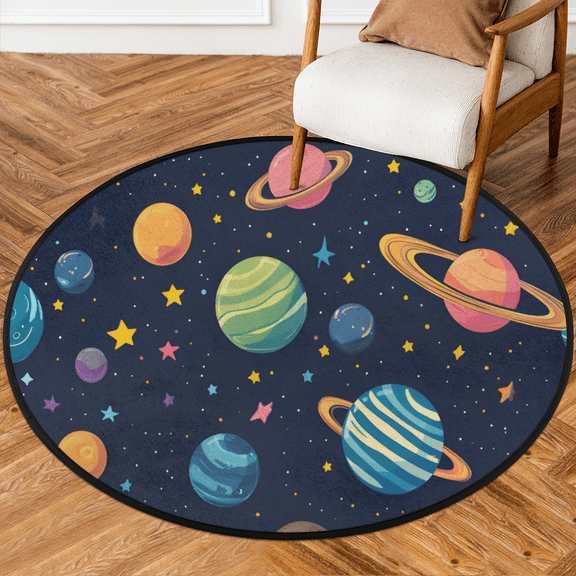 CURLYOOT Round Rug 3ft Outer Space Planets Area Rug, Washable Circle Mat Non Slip Floor Carpet Mat, Soft Indoor Rugs for Entryway Living Room Dining Room Bedroom