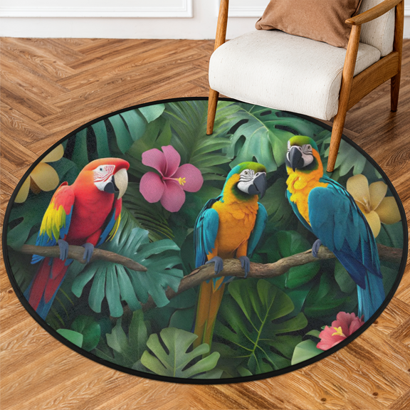 CURLYOOT Round Rug 3ft Parrot Area Rug, Washable Circle Mat Non Slip Floor Carpet Mat, Tropical Palm Leaf Soft Indoor Rugs for Entryway Living Room Dining Room Bedroom