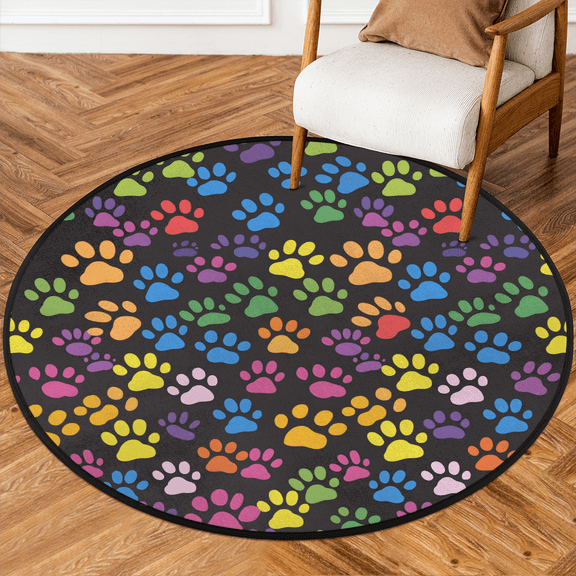 CURLYOOT Round Rug 3ft Paw Print Area Rug, Washable Circle Mat Non Slip Floor Carpet Mat, Colorful Dog Cat Paw Soft Indoor Rugs for Entryway Living Room Dining Room Bedroom