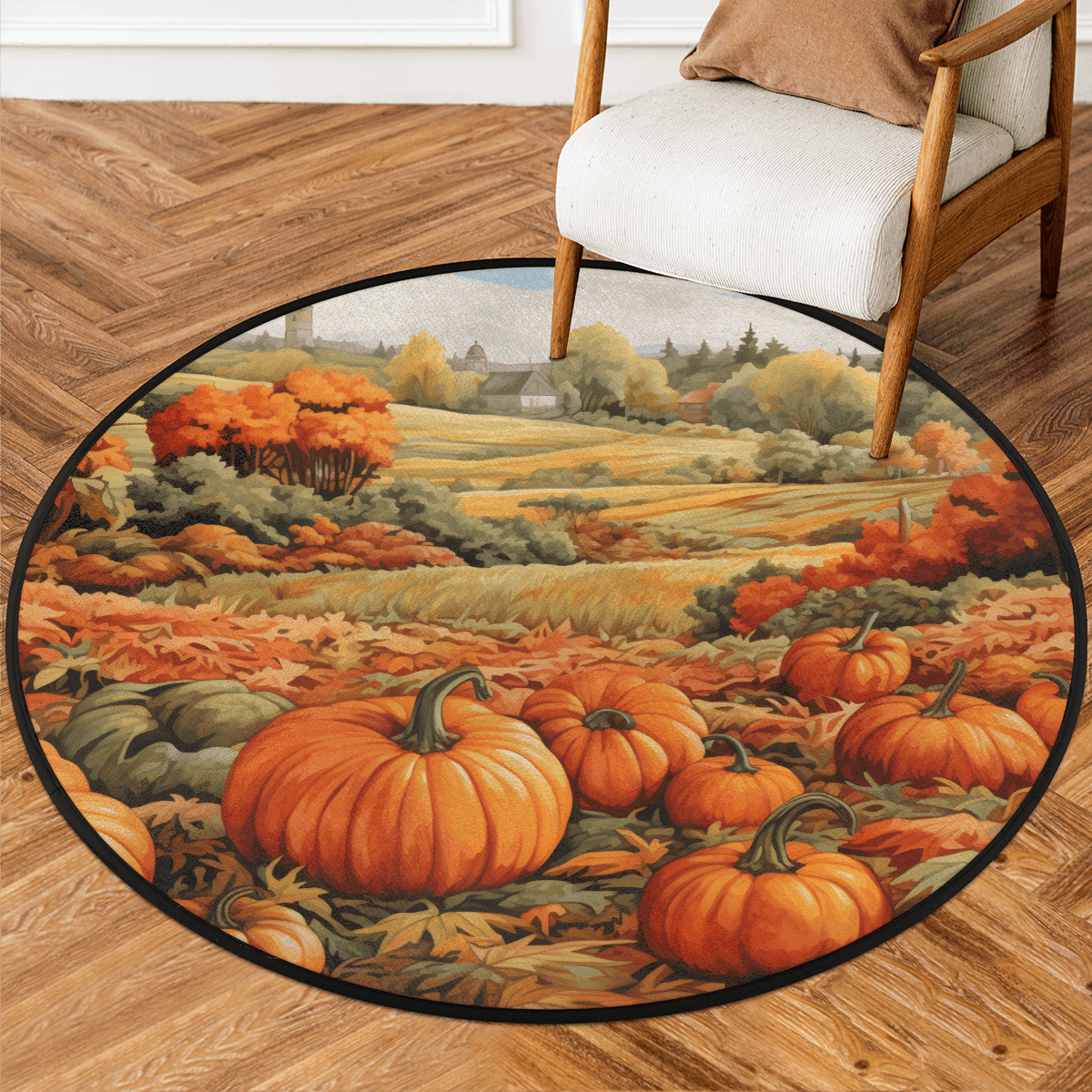 Round Autumn Rug CURLYOOT Round Rug 3ft Pumpkin Leaves Area Rug, Washable Circle Mat Non ...
