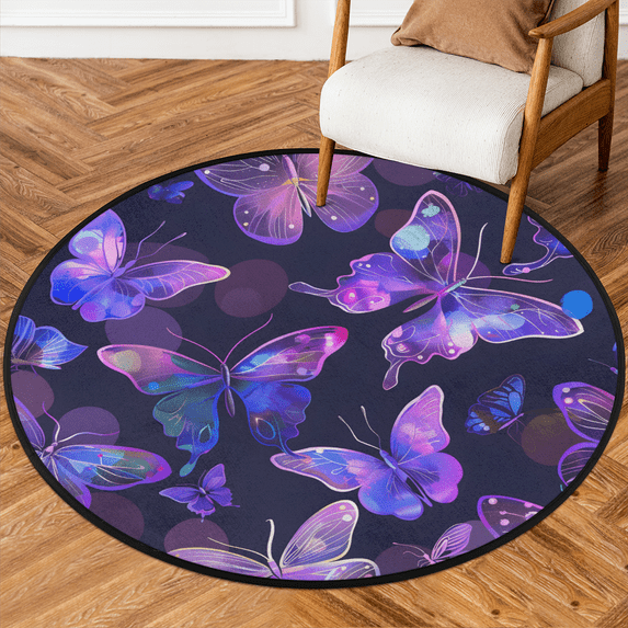 CURLYOOT Round Rug 3ft Purple Butterfly Area Rug, Washable Circle Mat Non Slip Floor Carpet Mat, Flower Butterfly Soft Indoor Rugs for Entryway Living Room Dining Room Bedroom