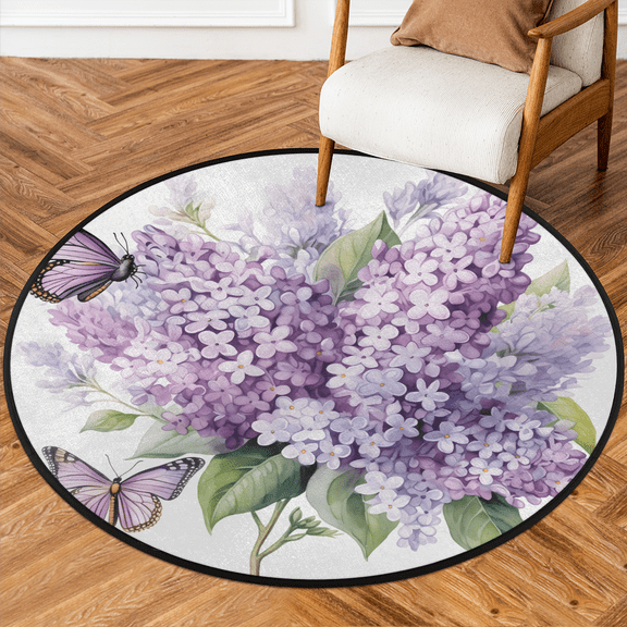 CURLYOOT Round Rug 3ft Purple Hydrangea Butterfly Area Rug, Washable Circle Mat Non Slip Floor Carpet Mat, Soft Indoor Rugs for Entryway Living Room Dining Room Bedroom