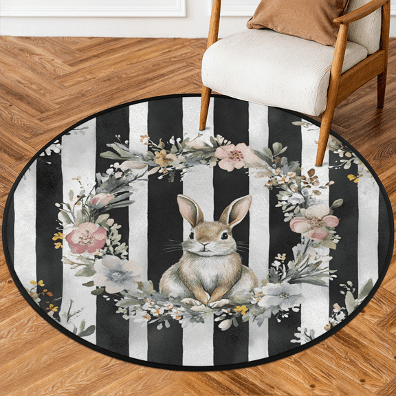 CURLYOOT Round Rug 3ft Rabbit Flower Area Rug, Washable Circle Mat Non Slip Floor Carpet Mat, Stripe Soft Indoor Rugs for Entryway Living Room Dining Room Bedroom
