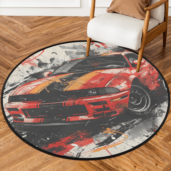CURLYOOT Round Rug 3ft Race Car Cool Area Rug, Washable Circle Mat Non Slip Floor Carpet Mat, Soft Indoor Rugs for Entryway Living Room Dining Room Bedroom